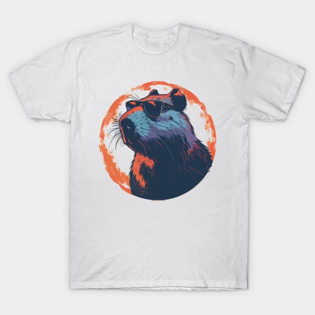 Retro Capybara with Sunglasses Circle Design T-Shirt by Vlaa